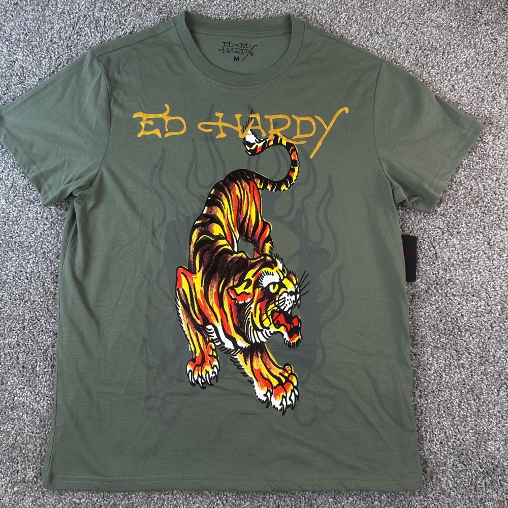 Ed Hardy Tiger Graphic Tee Shirt Men Medium Olive Green Short Sleeve Street NEW
